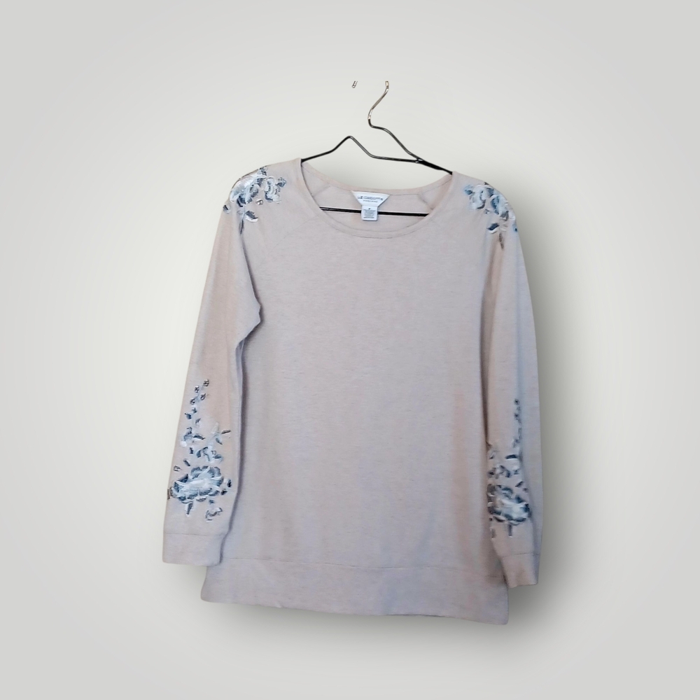 Liz Claiborne Floral Embroidered Beige Jersey, Sz M